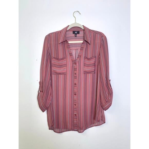 Womens Fall XL Button Front Striped Blouse Pink and Black Casual Workwear Flowy - Picture 1 of 9